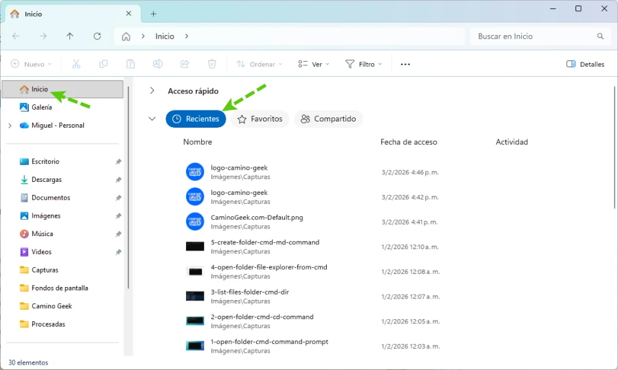 Recent files in File Explorer